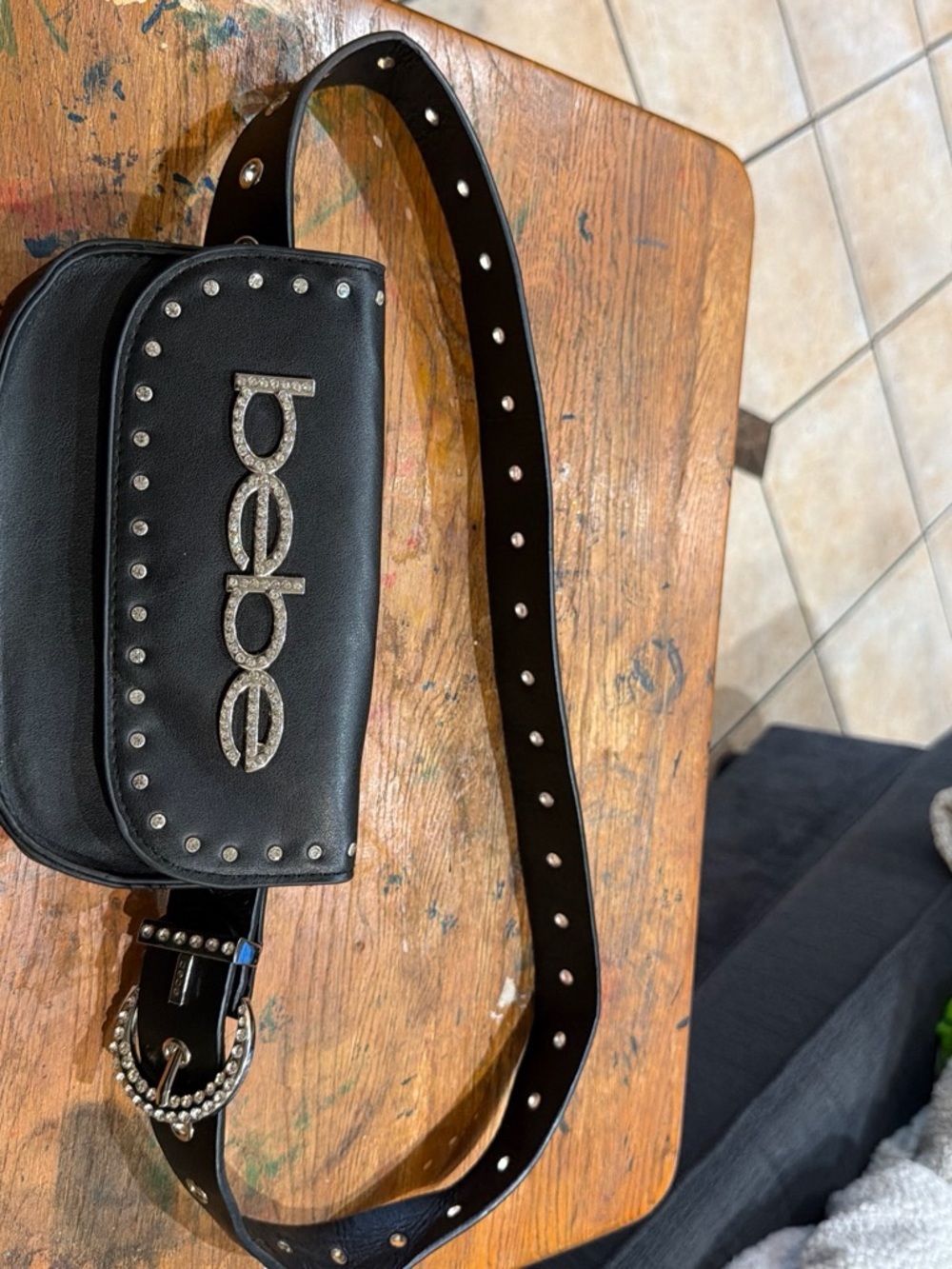bebe Black Studded Mini Belt Bag with Crystal Logo